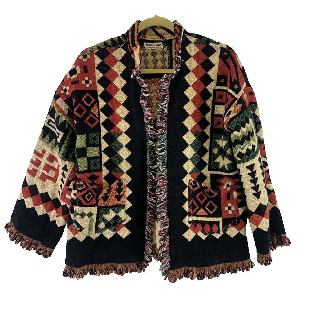 Handmade Blanket Tapestry Jacket Crown Crafts Geometric Pattern Orange Green Sm